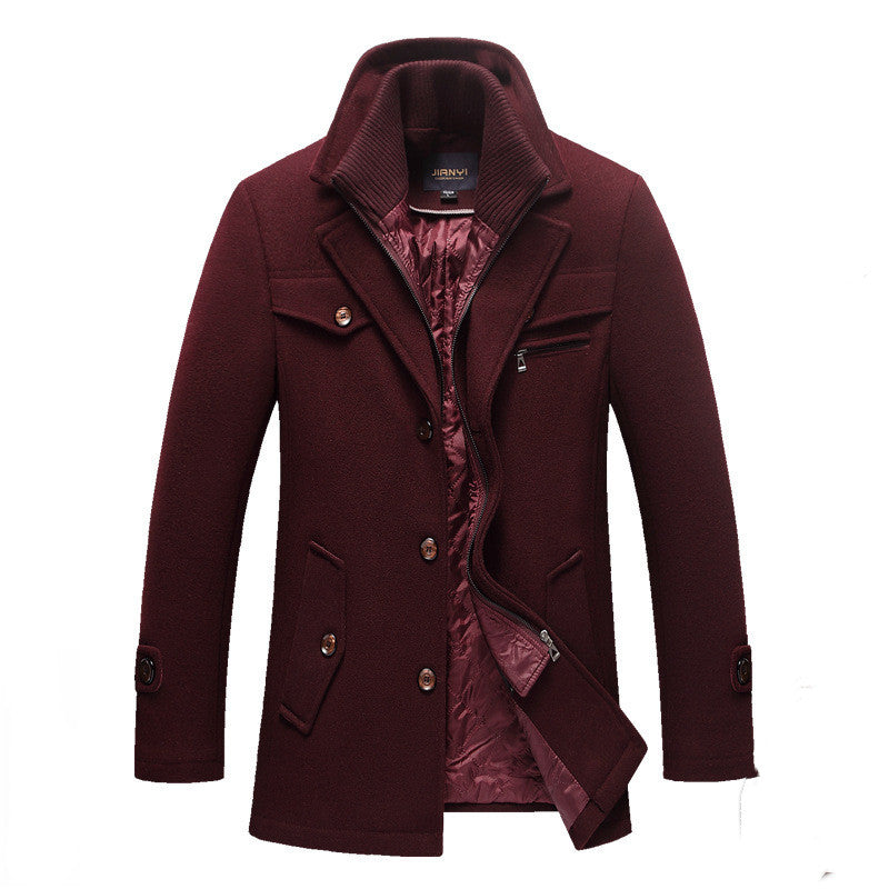 Men's Quilted Long Wool Coat with Stand Collar and Zip Front