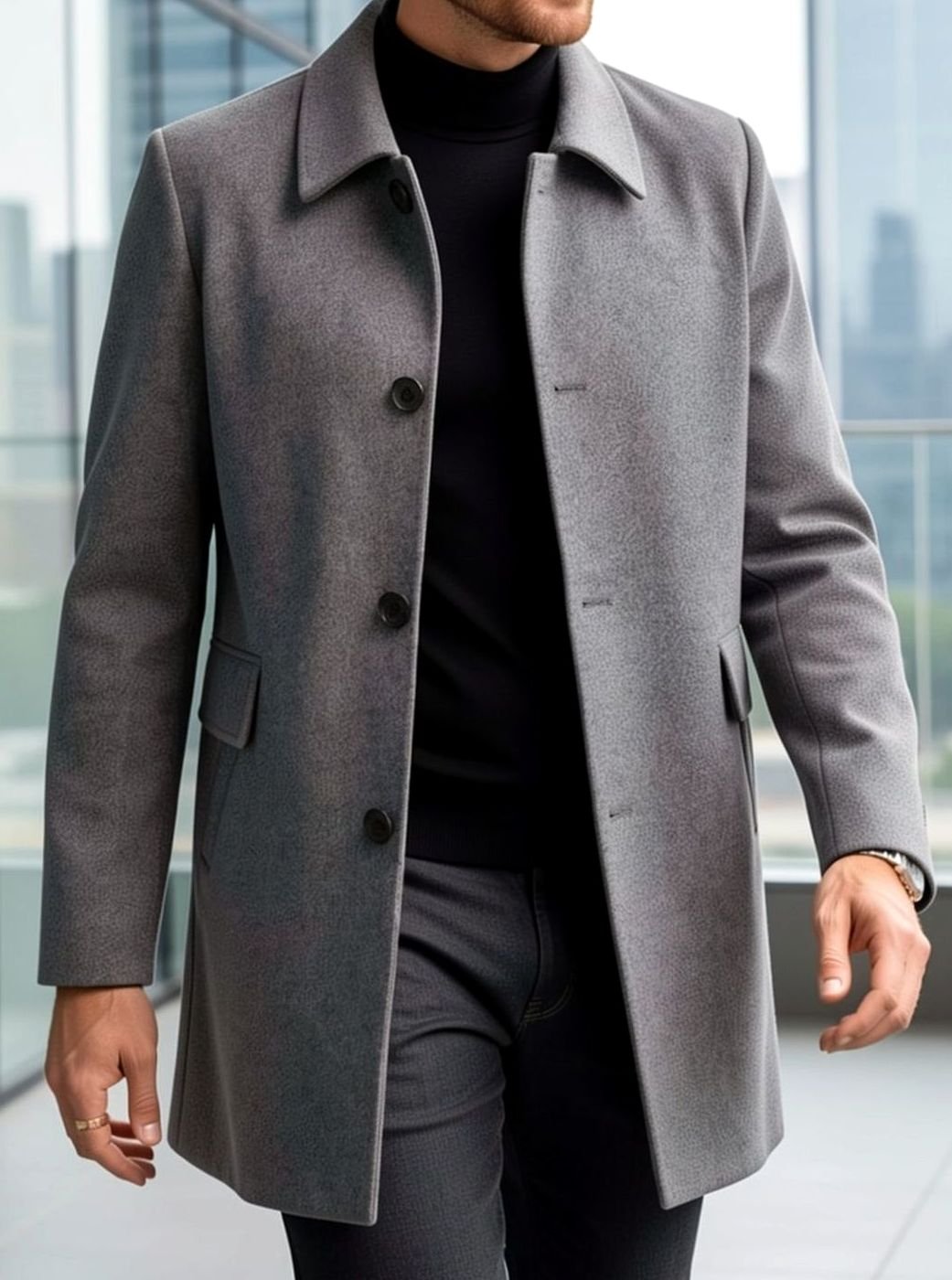 Men's Relaxed-Fit Single-Breasted Wool Overcoat with Classic Collar