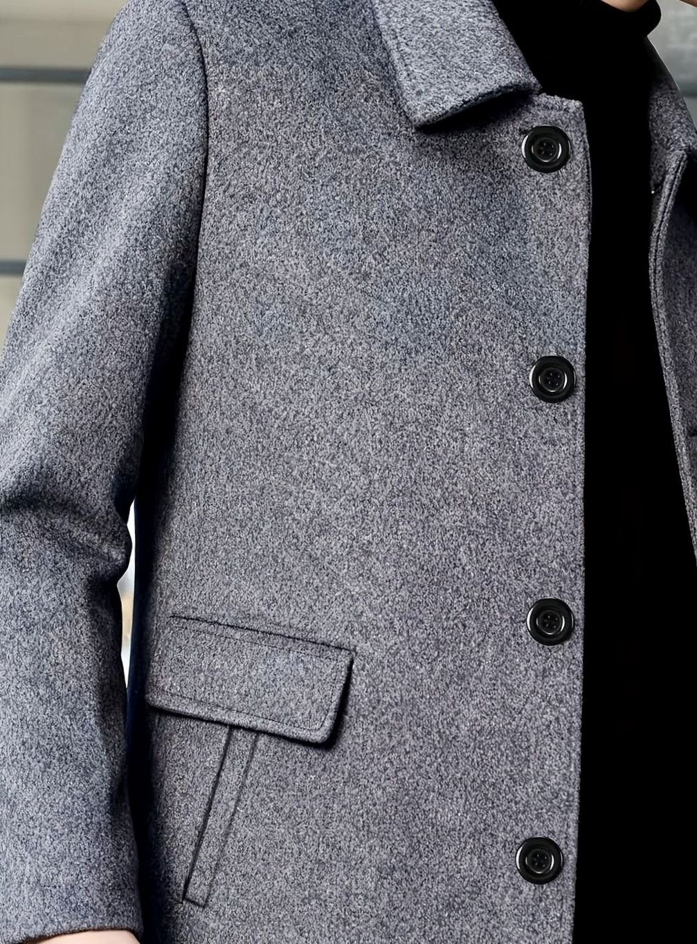 Men's Relaxed-Fit Single-Breasted Wool Overcoat with Classic Collar