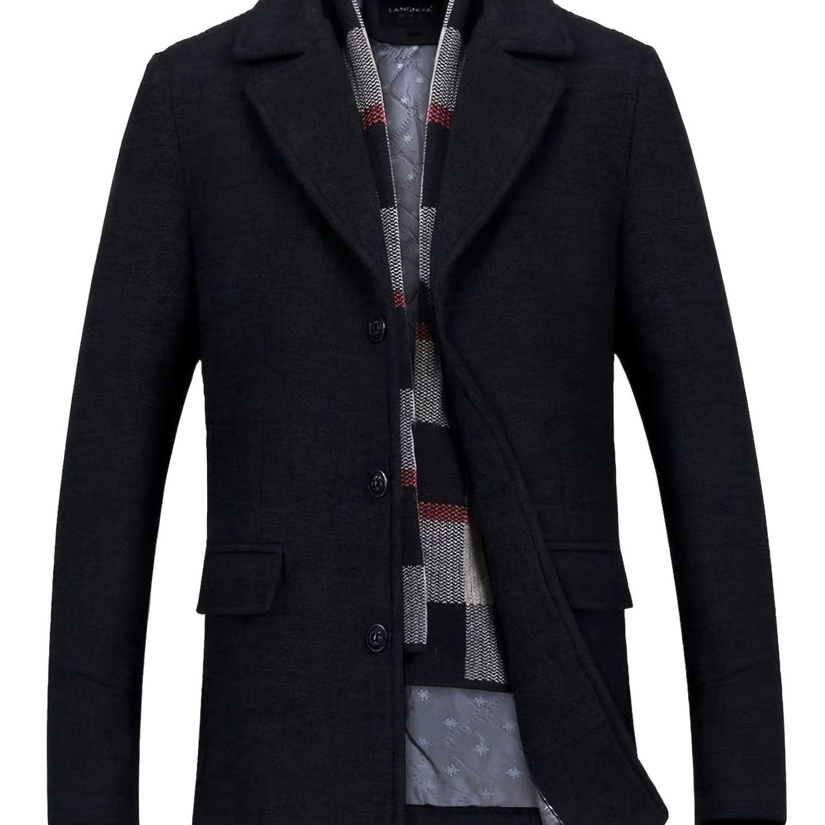 Men's Single-Breasted Wool Overcoat with Tailored Lapel and Scarf