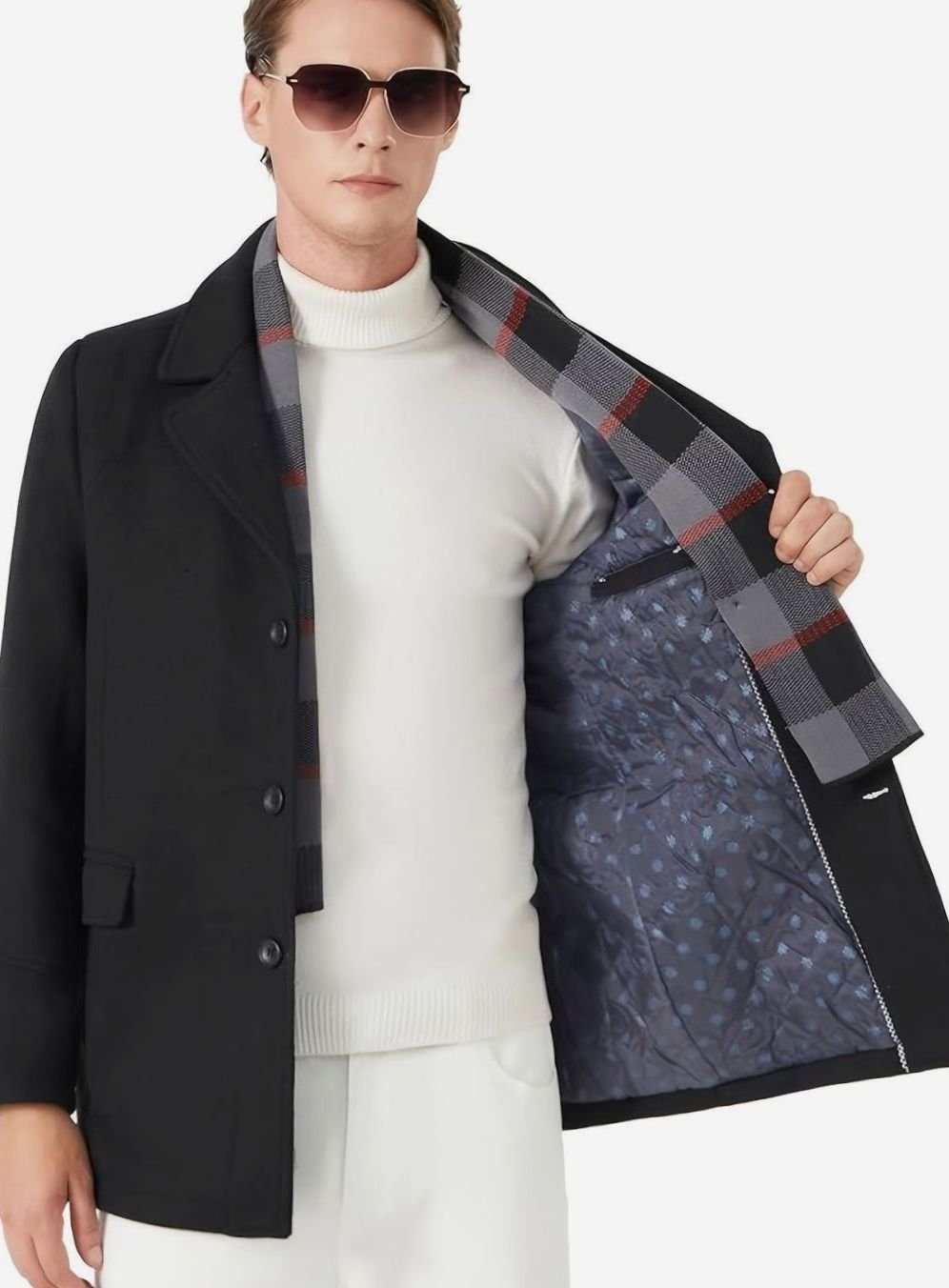 Men's Single-Breasted Wool Overcoat with Tailored Lapel and Scarf