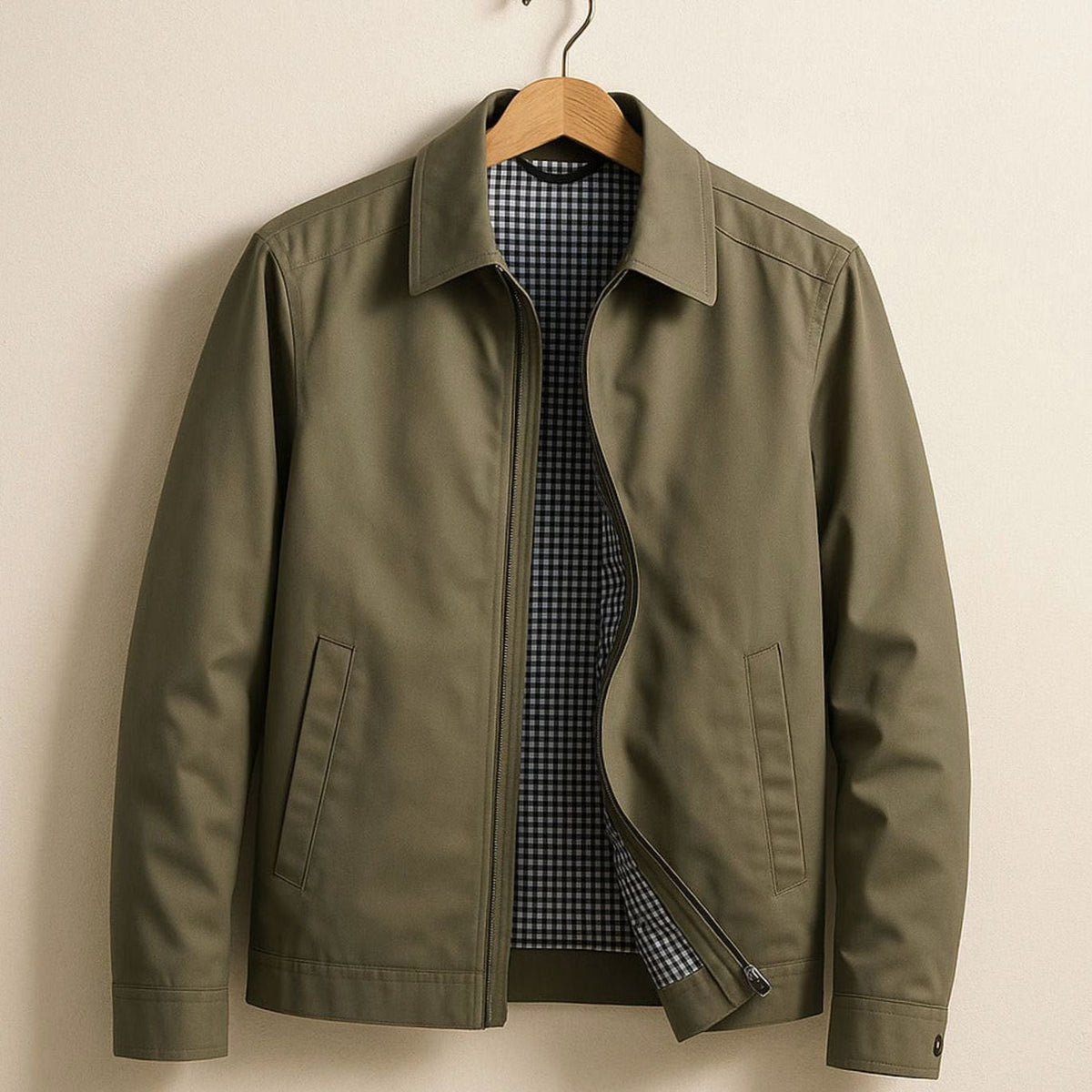 Men's Smart-Casual Gingham-Lined Full-Zip Harrington Jacket