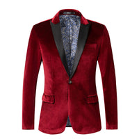 Men's Tailored Velvet Tuxedo Jacket with Satin Lapels and Single-Button Closure