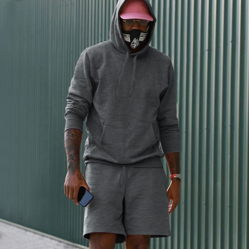 Men's Two-Piece French Terry Lounge Set with Hoodie and Sweat Shorts Featuring Kangaroo Pocket and Drawstring