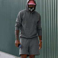 Men's Two-Piece French Terry Lounge Set with Hoodie and Sweat Shorts Featuring Kangaroo Pocket and Drawstring