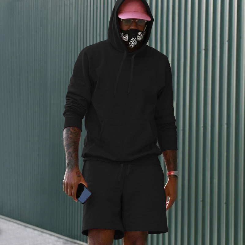 Men's Two-Piece French Terry Lounge Set with Hoodie and Sweat Shorts Featuring Kangaroo Pocket and Drawstring