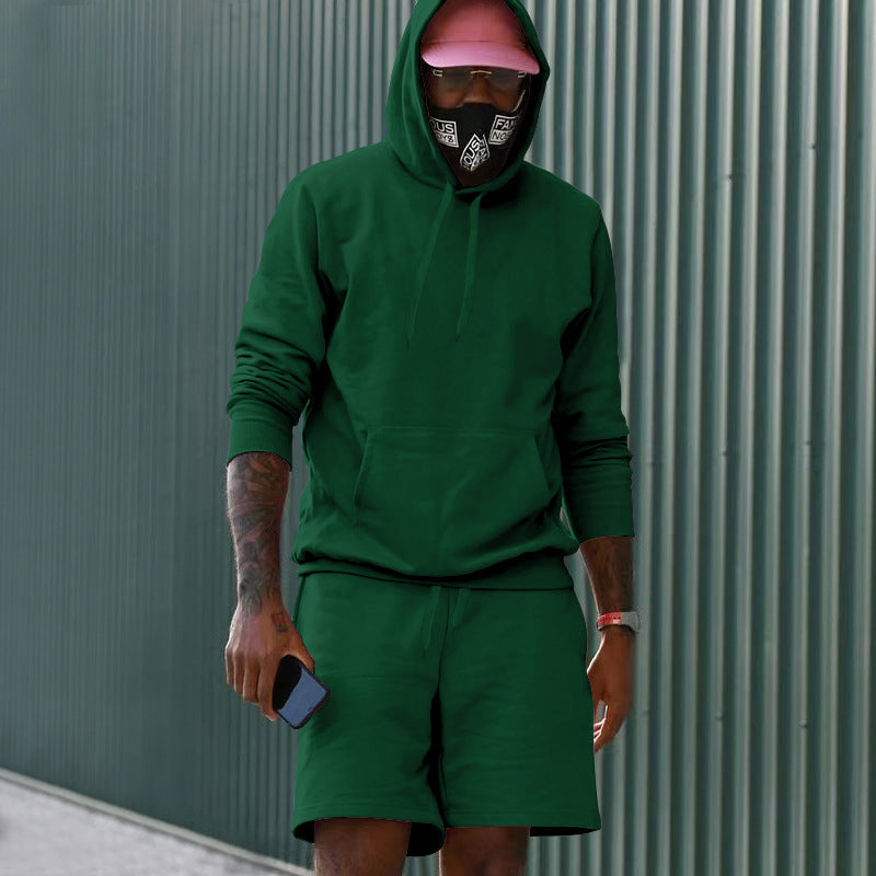 Men's Two-Piece French Terry Lounge Set with Hoodie and Sweat Shorts Featuring Kangaroo Pocket and Drawstring