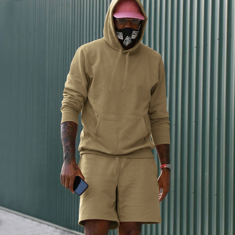 Men's Two-Piece French Terry Lounge Set with Hoodie and Sweat Shorts Featuring Kangaroo Pocket and Drawstring