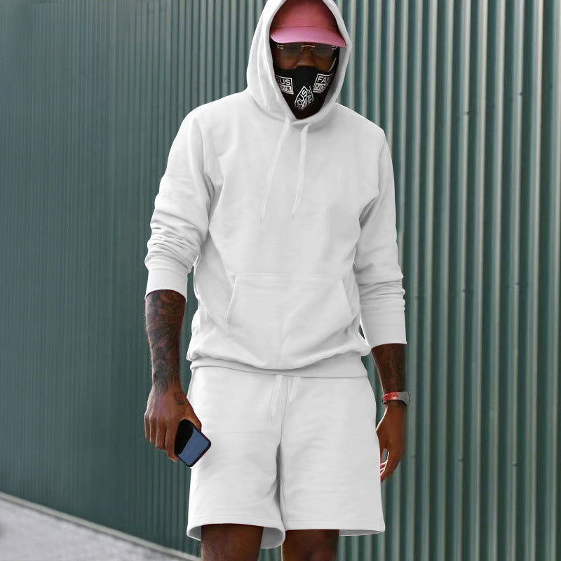 Men's Two-Piece French Terry Lounge Set with Hoodie and Sweat Shorts Featuring Kangaroo Pocket and Drawstring