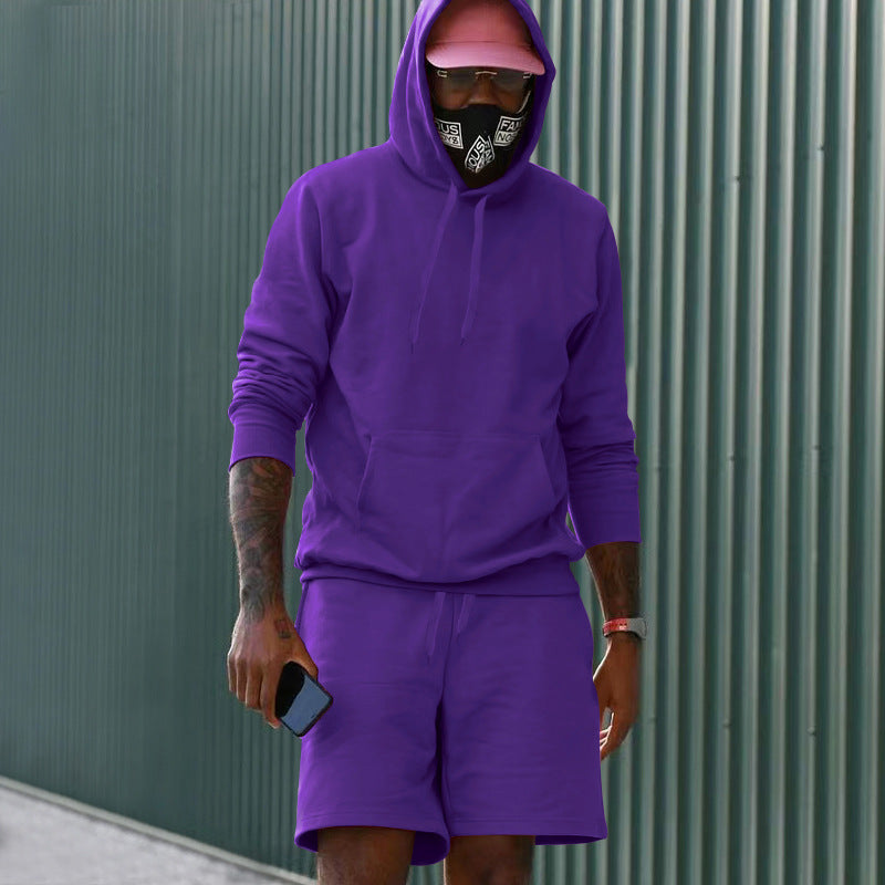 Men's Two-Piece French Terry Lounge Set with Hoodie and Sweat Shorts Featuring Kangaroo Pocket and Drawstring