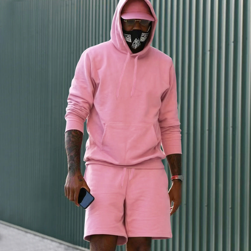 Men's Two-Piece French Terry Lounge Set with Hoodie and Sweat Shorts Featuring Kangaroo Pocket and Drawstring