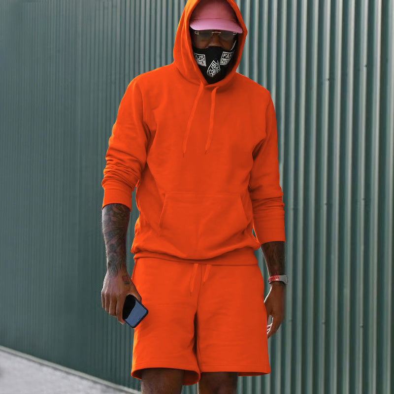 Men's Two-Piece French Terry Lounge Set with Hoodie and Sweat Shorts Featuring Kangaroo Pocket and Drawstring