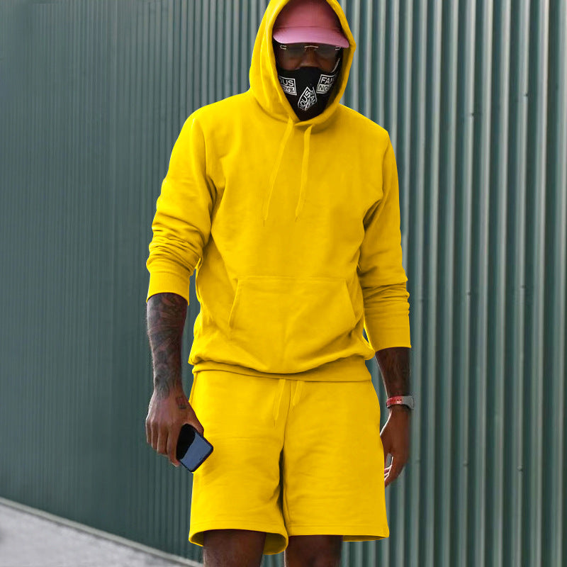 Men's Two-Piece French Terry Lounge Set with Hoodie and Sweat Shorts Featuring Kangaroo Pocket and Drawstring