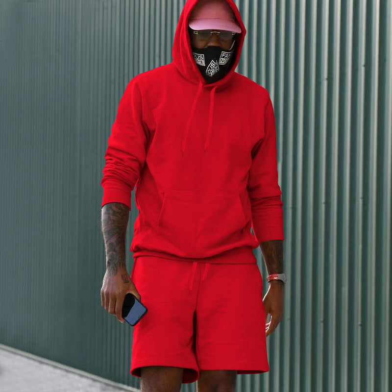 Men's Two-Piece French Terry Lounge Set with Hoodie and Sweat Shorts Featuring Kangaroo Pocket and Drawstring