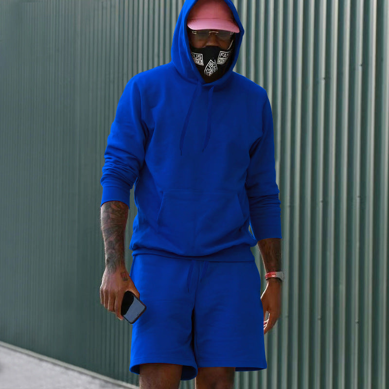 Men's Two-Piece French Terry Lounge Set with Hoodie and Sweat Shorts Featuring Kangaroo Pocket and Drawstring