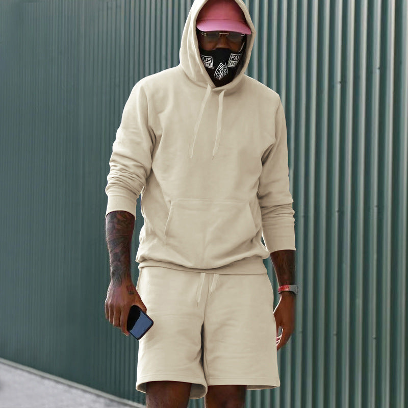 Men's Two-Piece French Terry Lounge Set with Hoodie and Sweat Shorts Featuring Kangaroo Pocket and Drawstring