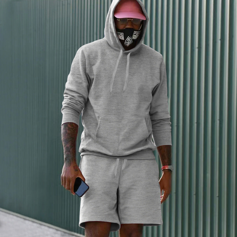 Men's Two-Piece French Terry Lounge Set with Hoodie and Sweat Shorts Featuring Kangaroo Pocket and Drawstring