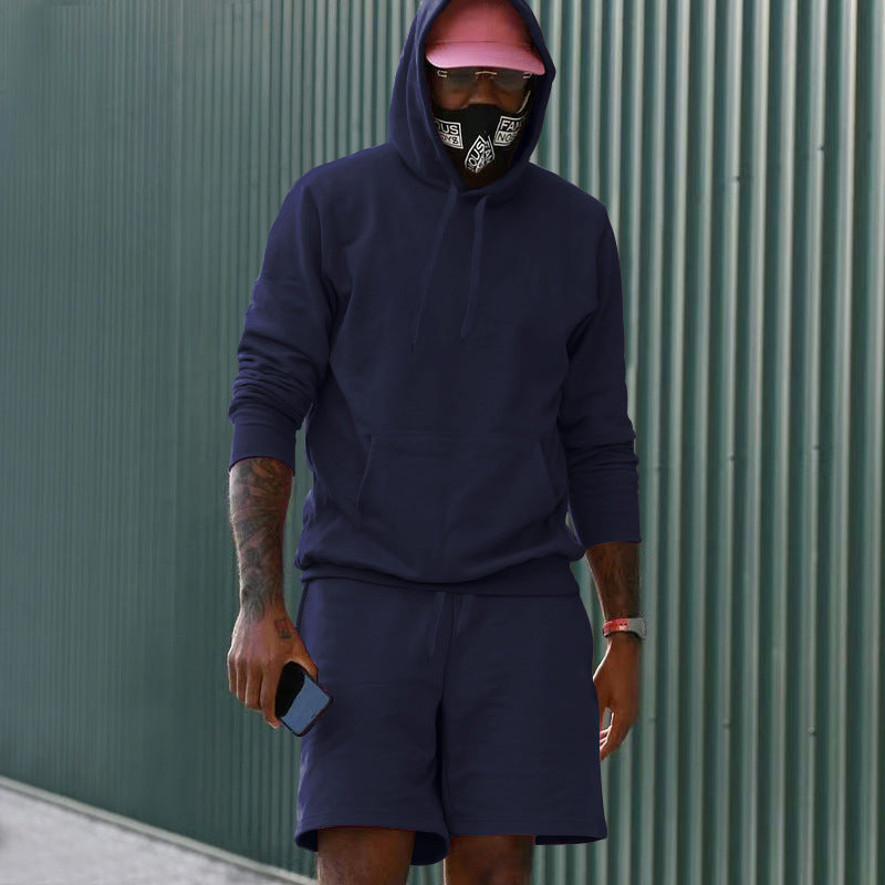 Men's Two-Piece French Terry Lounge Set with Hoodie and Sweat Shorts Featuring Kangaroo Pocket and Drawstring