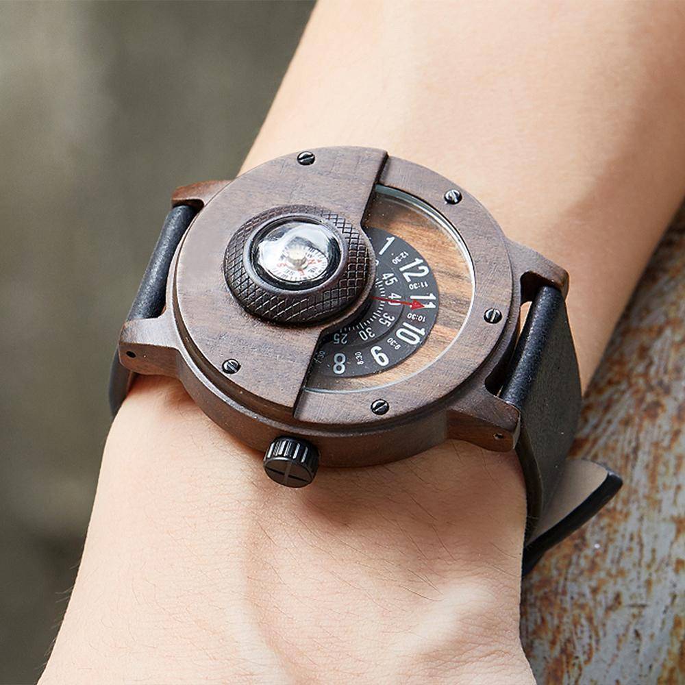 Men's Unique Turntable Compass Dial Wooden Watch