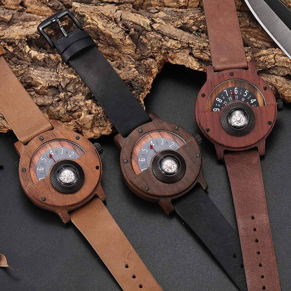 Men's Unique Turntable Compass Dial Wooden Watch