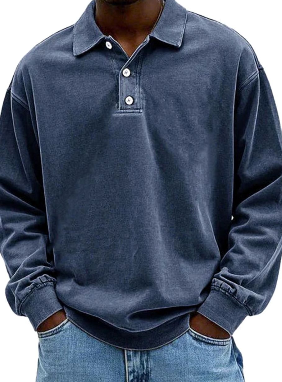 Men's Vintage Long Sleeve Relaxed-Fit Polo Shirt