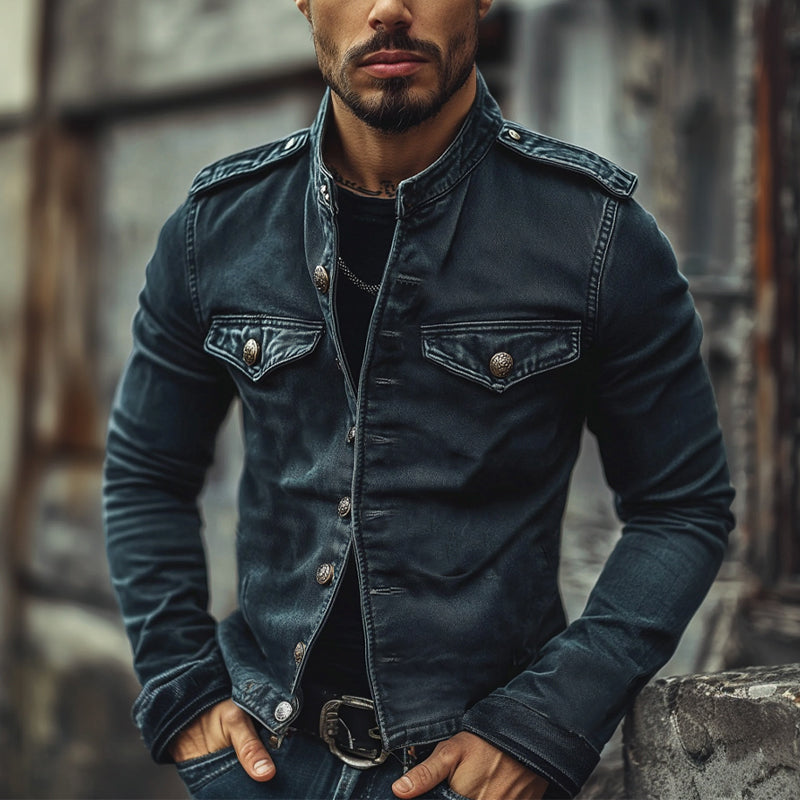 Men's Vintage Stand Collar Distressed Denim Jacket