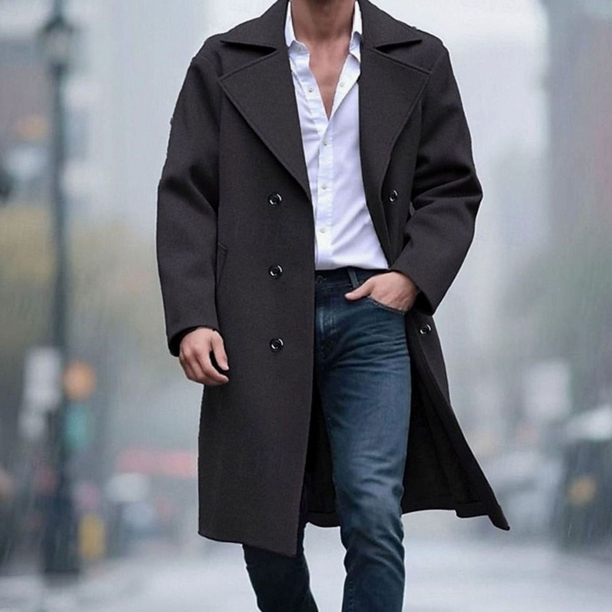 Men's Wool Double-Breasted Tailored Long Overcoat