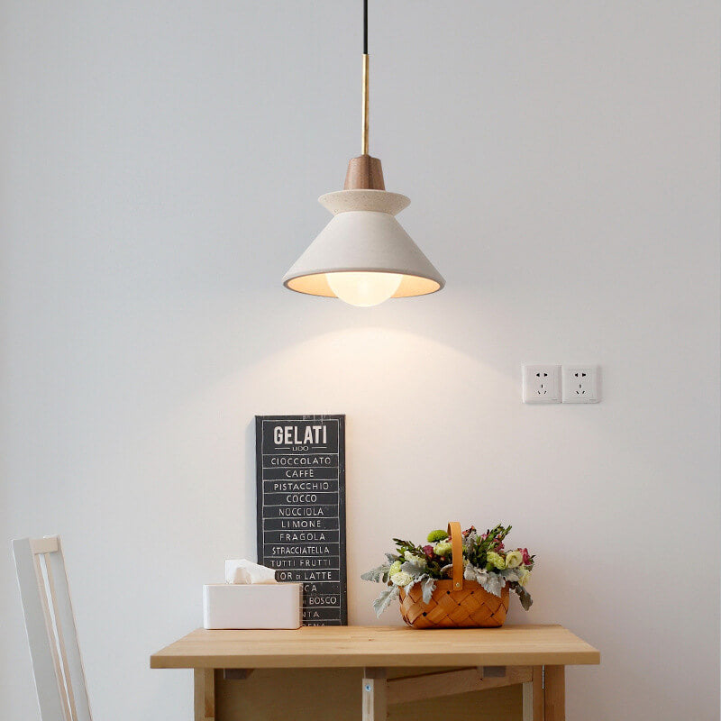 Minimalist Cement and Wood Pendant Light - Tapered Shade - Modern Style - Image 3