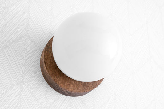 Minimalist Wall Lamp - Wooden Base - Modern White Glass Globe - G9 Fitting - Image 1
