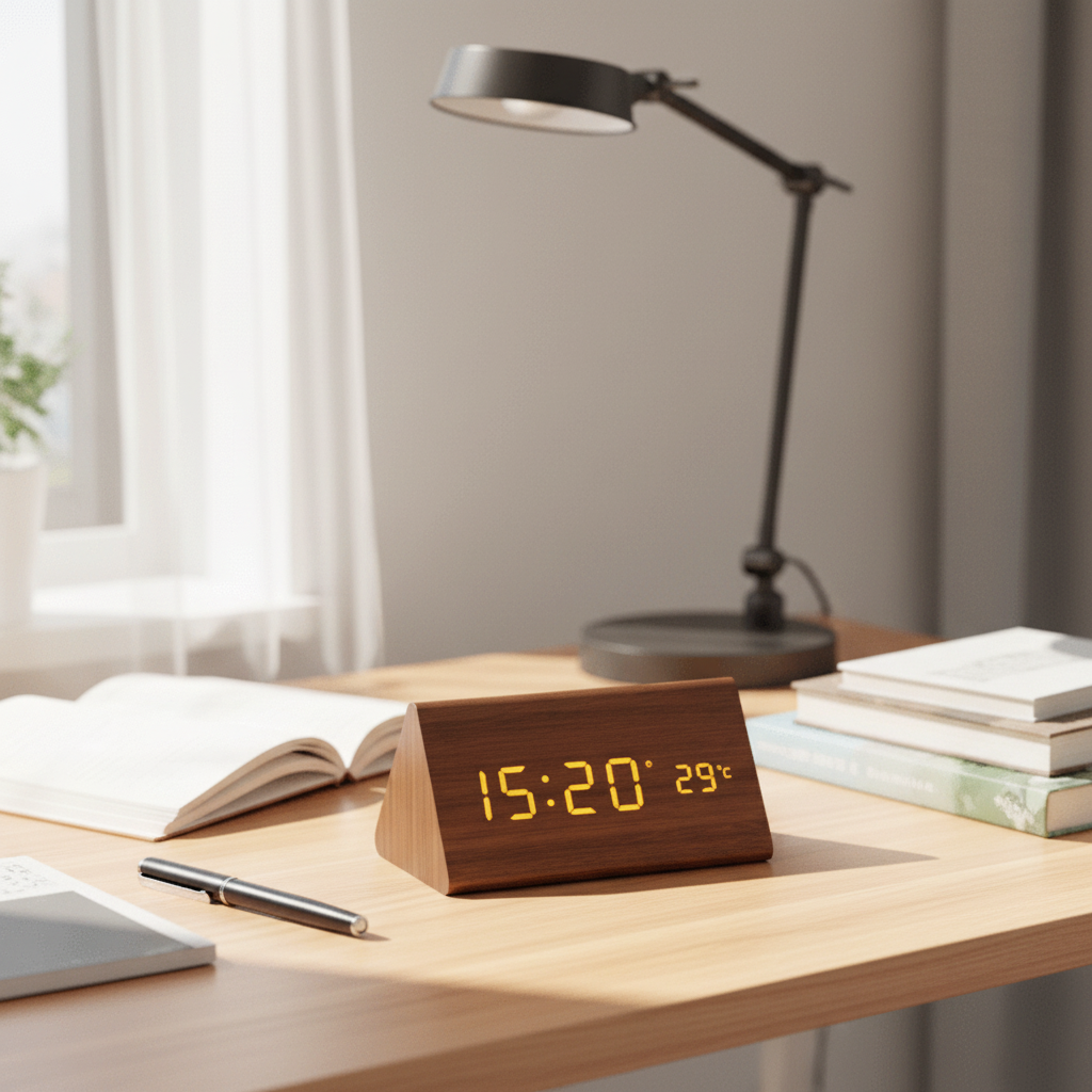 Minimalist Wood Digital Alarm Clock - LED Temperature Display - Nordic Style - Image 3