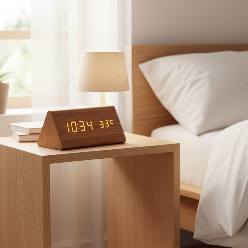 Minimalist Wood Digital Alarm Clock - LED Temperature Display - Nordic Style - Image 4