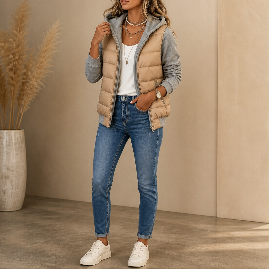 Mixed-Media Quilted Puffer Knit-Sleeve Jacket