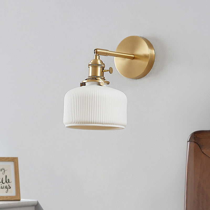 Modern Brass and White Ceramic Ribbed Wall Sconce Light - 1-Light - Vanity Lighting - Image 1