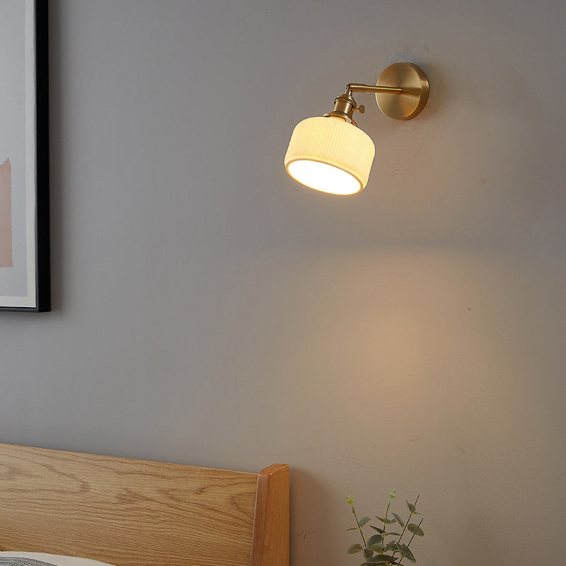 Modern Brass and White Ceramic Ribbed Wall Sconce Light - 1-Light - Vanity Lighting - Image 2