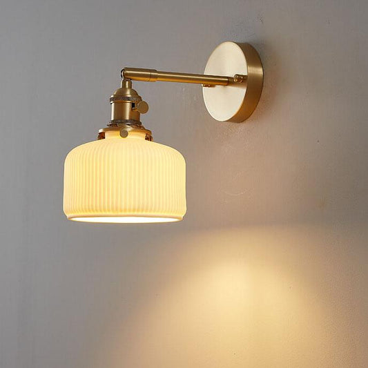 Modern Brass and White Ceramic Ribbed Wall Sconce Light - 1-Light - Vanity Lighting - Image 3