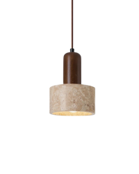 Modern Travertine & Walnut Wood Pendant Light - Cylinder 1-Light - Tricolour light
