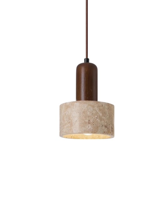 Modern Travertine & Walnut Wood Pendant Light - Cylinder 1-Light - Tricolour light - Image 1