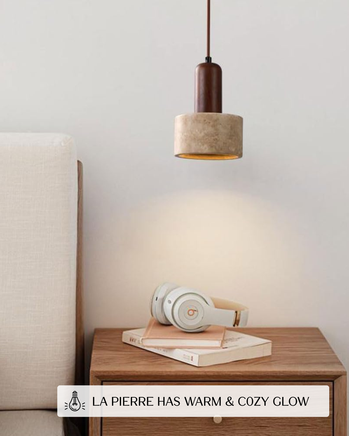 Modern Travertine & Walnut Wood Pendant Light - Cylinder 1-Light - Tricolour light - Image 2