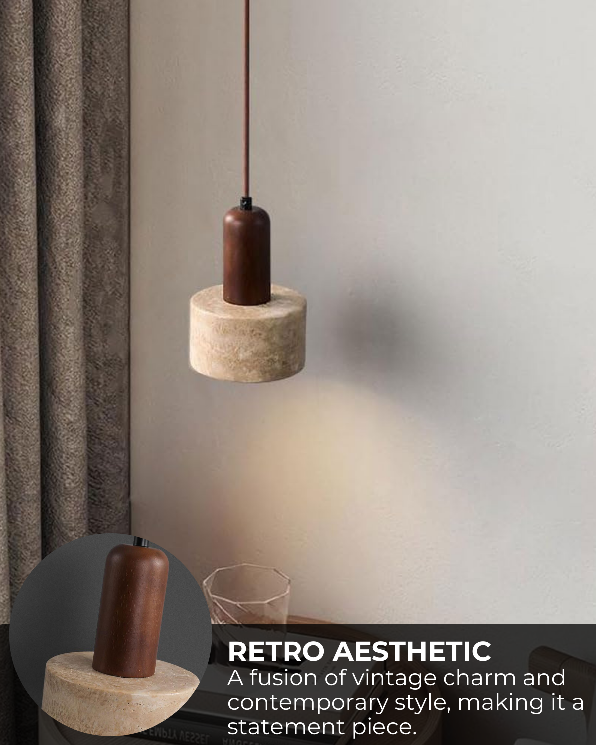 Modern Travertine & Walnut Wood Pendant Light - Cylinder 1-Light - Tricolour light - Image 3