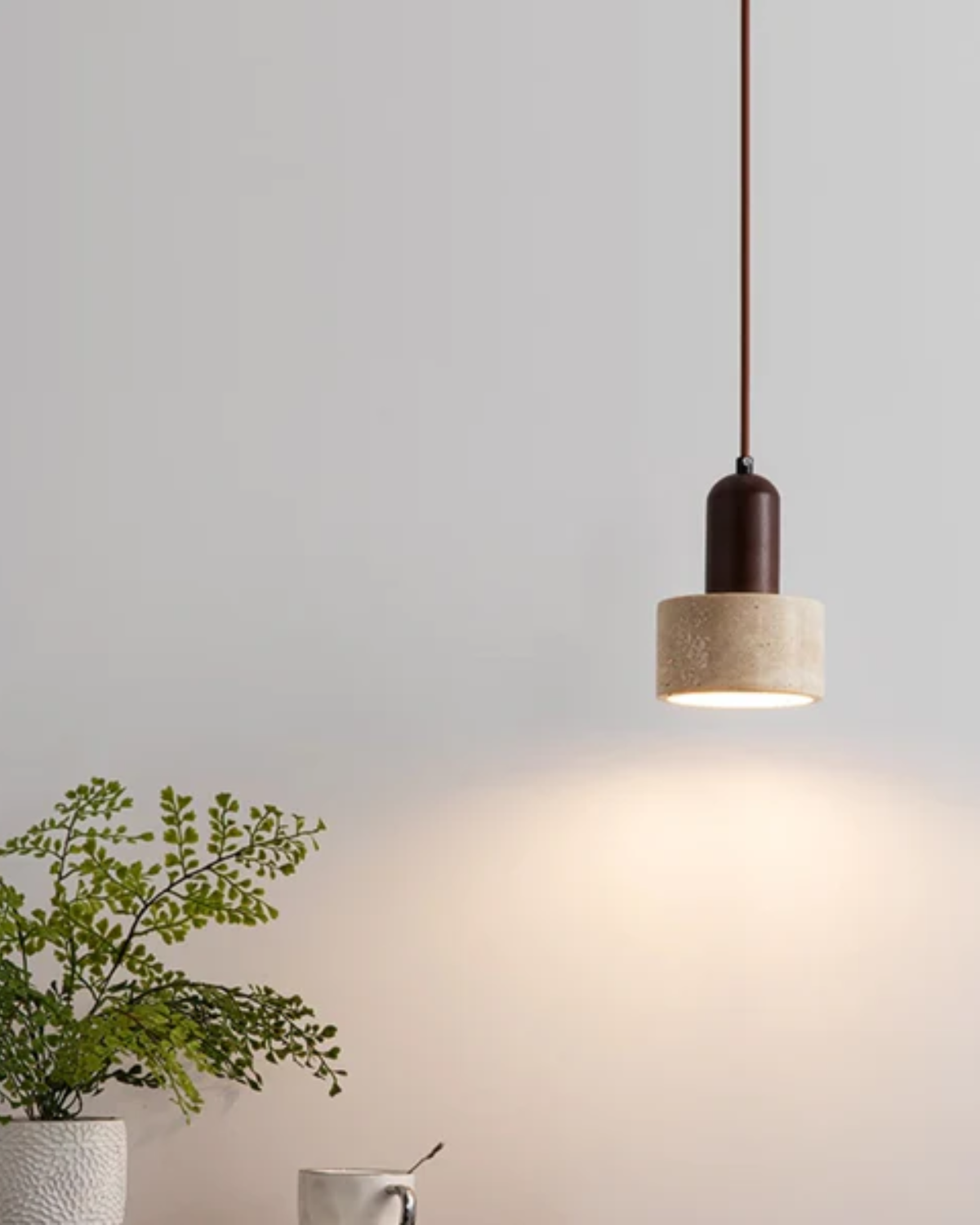 Modern Travertine & Walnut Wood Pendant Light - Cylinder 1-Light - Tricolour light - Image 4