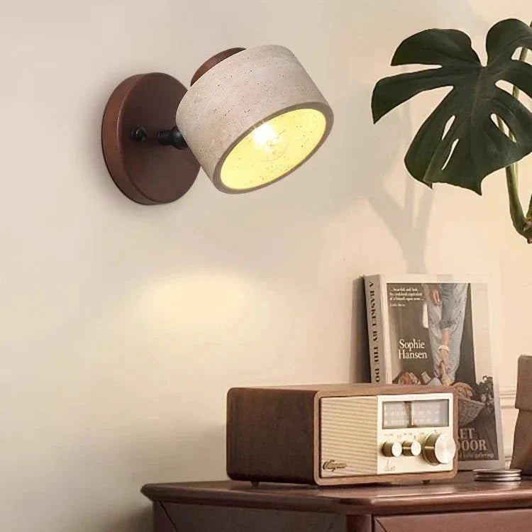Modern Travertine & Wood Wall Sconce - Cylinder LED Wall Lamp - Stylish Lighting - Image 1