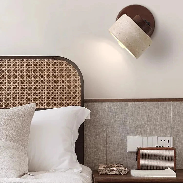 Modern Travertine & Wood Wall Sconce - Cylinder LED Wall Lamp - Stylish Lighting - Image 3