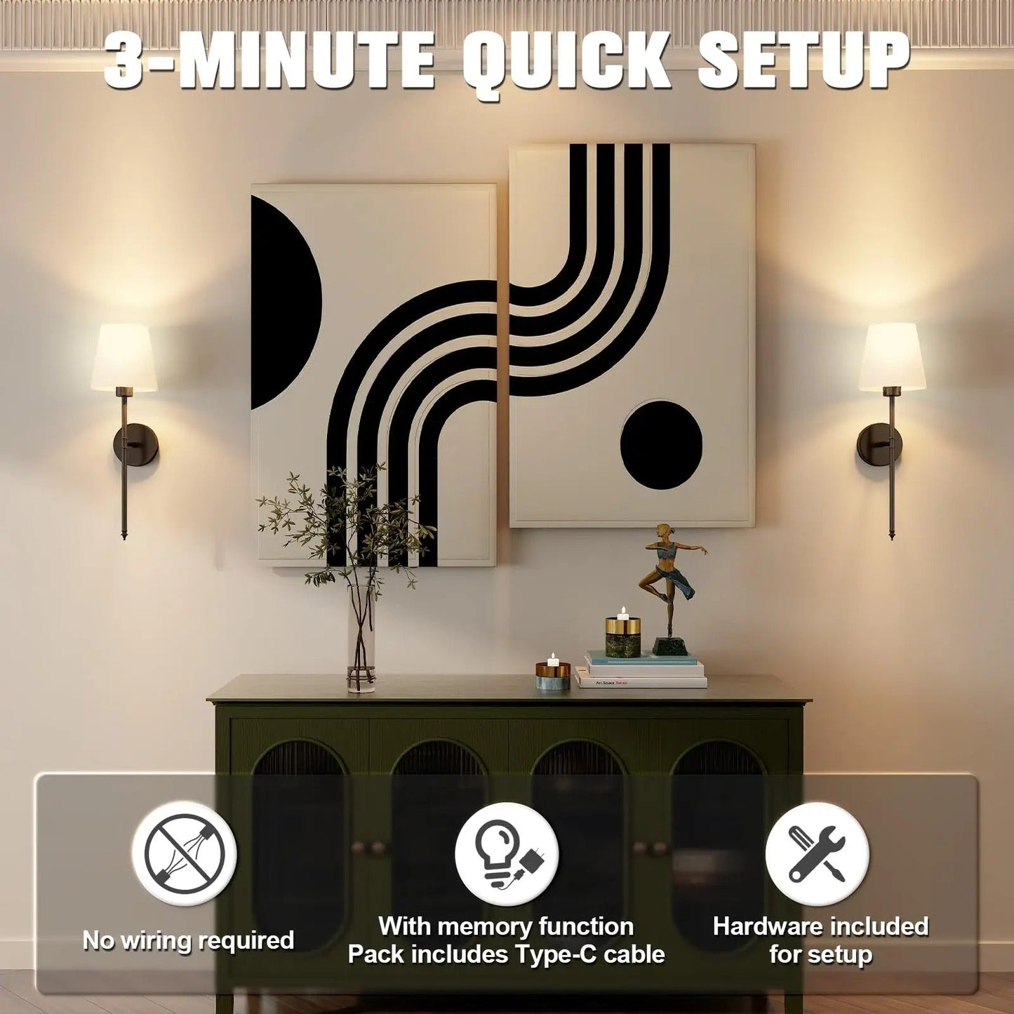 Modern Wireless Battery-Operated Wall Sconces - Set of 2