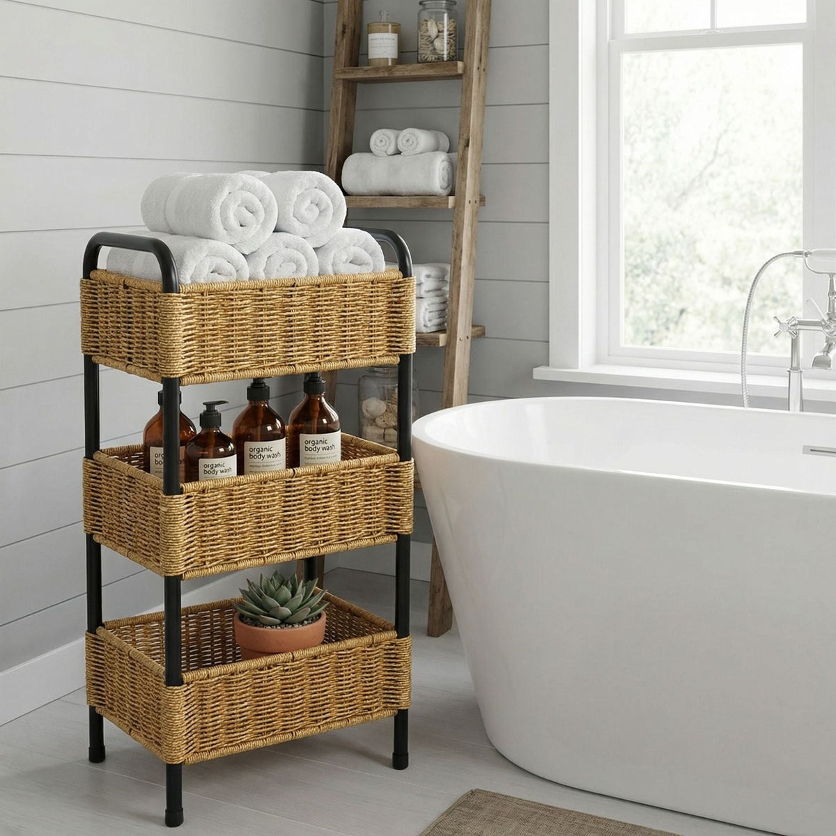 Multi-Tier Woven Bathroom Storage Cart Basket