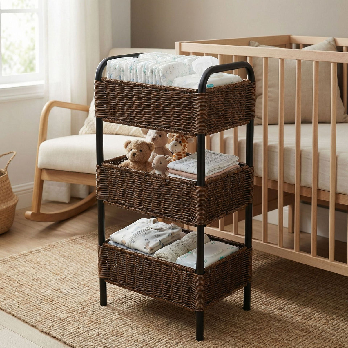 Multi-Tier Woven Bathroom Storage Cart Basket