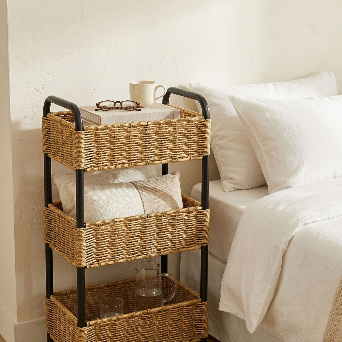 Multi-Tier Woven Bathroom Storage Cart Basket