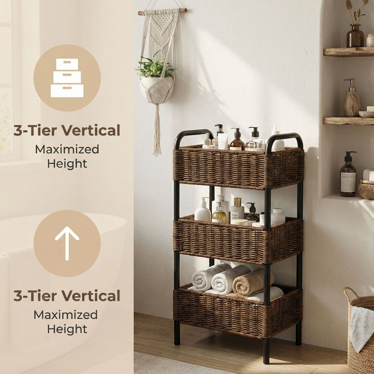 Multi-Tier Woven Bathroom Storage Cart Basket