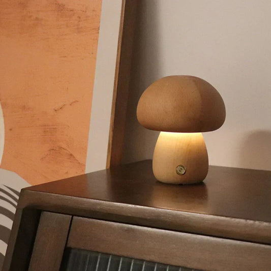 Mushroom Table Lamp - Wooden Accent Light - Touch Dimmable - Stylish Night Light - Image 1