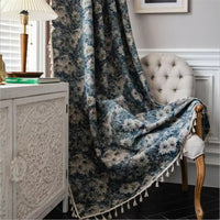 Navy Floral Print Curtains - Brushed Polyester - Boho Tassel Window Panels