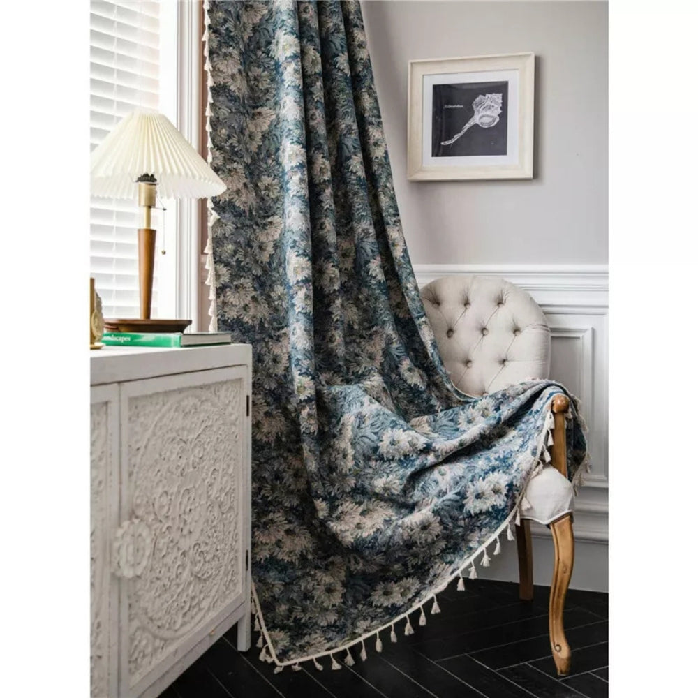 Navy Floral Print Curtains - Brushed Polyester - Boho Tassel Window Panels - Image 2
